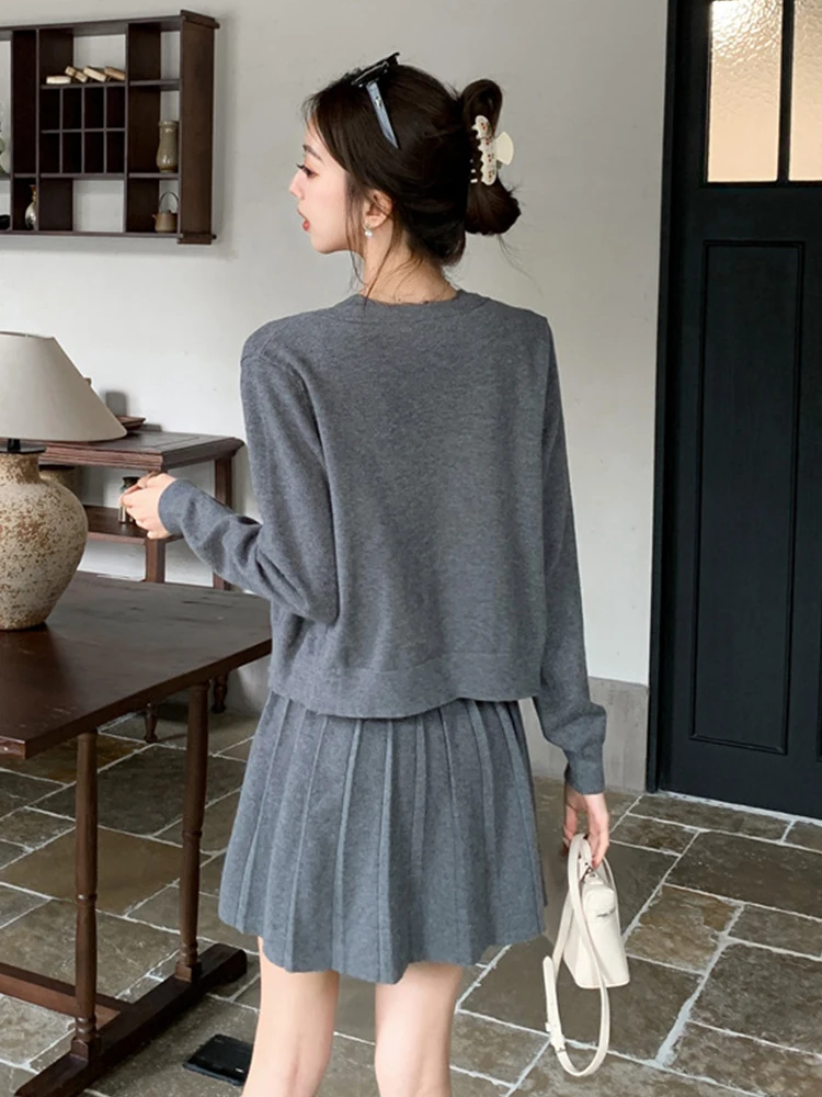 Повседневный стиль вязаная одежда из двух предметов женская черный серый жилет