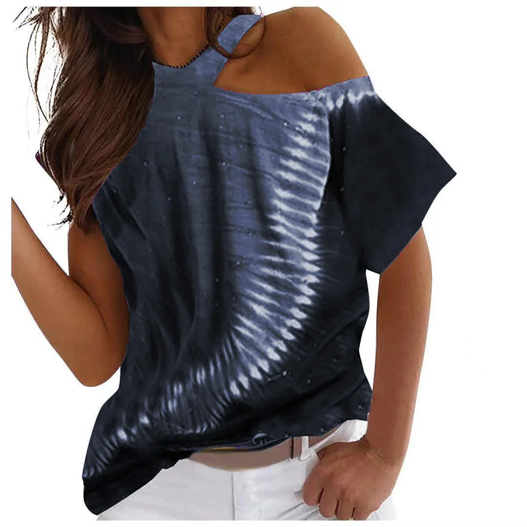 

2022 Summer Tie-dye Print Off-shoulder Irregular Short-sleeved T-shirt Women