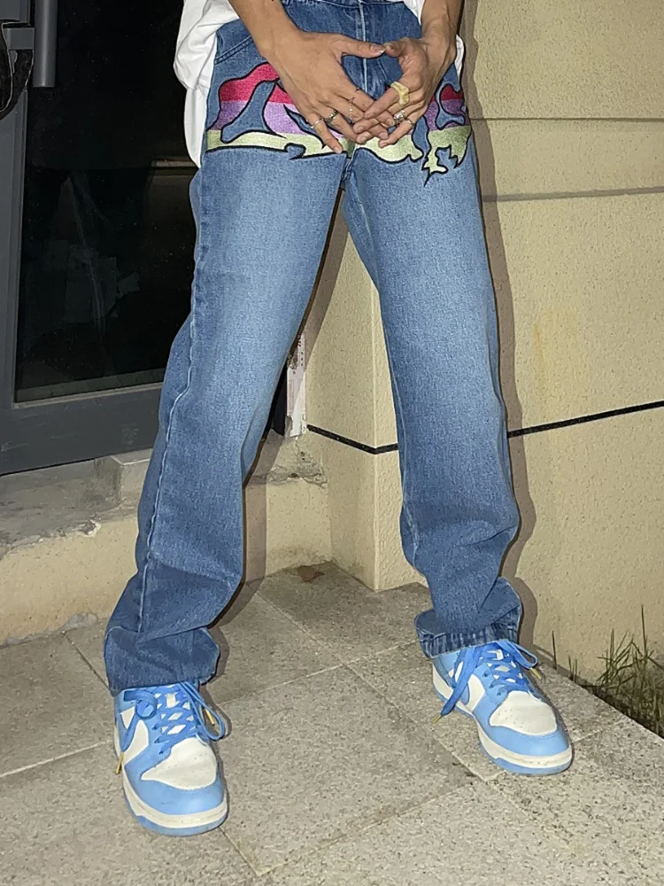 Four Seasons Men's Jeans High Street Contrast Color Letter Embroidery Trend Slim Small Straight Trousers Streetwear Ins Hot Sale