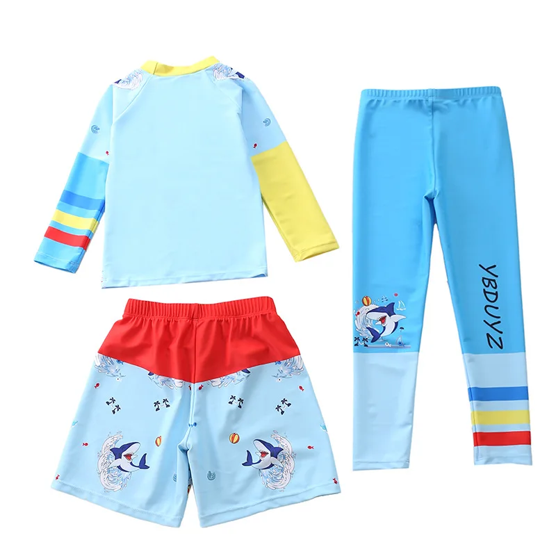 Children's Swimsuit Dinosaur Shark Print Long Sleeve Rash Guard Surf Pants 3Pcs Boys Swimwear Beach Clothes Bathing Suit Kids