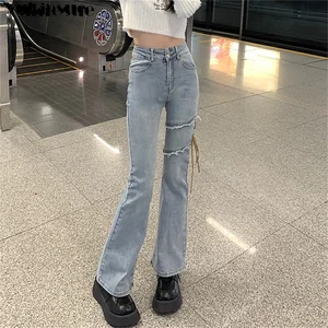 spring 2022 womens fashion high waist Women's skinny slim flare jeans woman lace up denim capris Pan