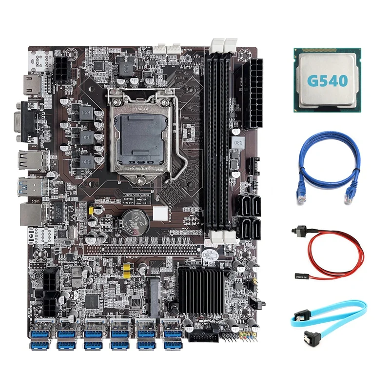 

B75 ETH Mining Motherboard 12 PCIE To USB LGA1155 Motherboard With G540 CPU+SATA Cable+RJ45 Network Cable+Switch Cable