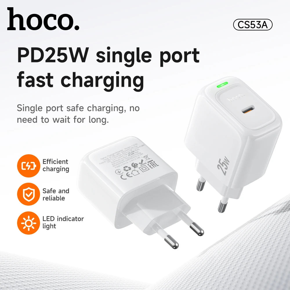 Фото HOCO USB C PD25W Быстрая зарядка с вилкой европейского стандарта Зарядное устройство для Samsung S24 S25 Настенный дорожный адаптер со светодиодным индикатором для iPhone 17 18 №1
