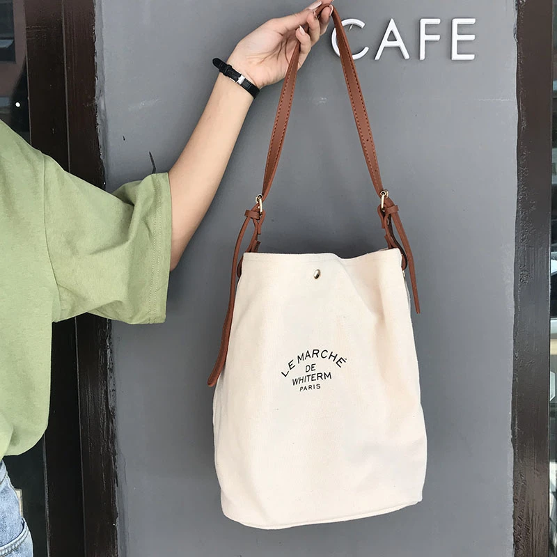 

Women Canvas Shoulder Bags Casual Female Crossbody Stitching Bucket Bag Korean Summer Satchel Ladies Hand Bag Handbags for Women