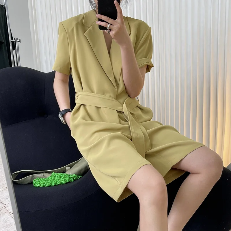 Lapel Belt Ladies Loose High Waist Jumpsuit Shorts Workwear Wide Leg Jumpsuit Summer 2023 New Ladies Retro Black Suit Jumpsuit