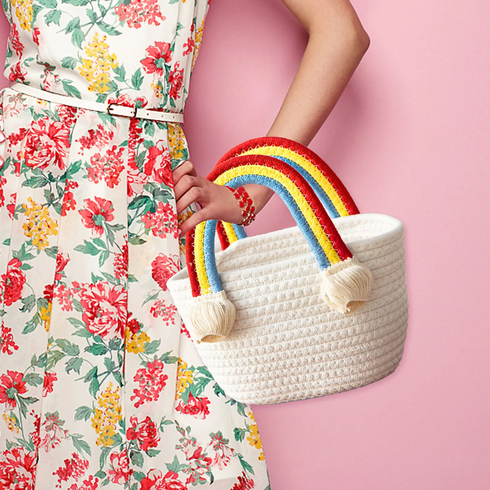 

Women Rainbow Color Handbag Cotton Woven Handmade Knitted Straw Large Capacity Tote Bohemian Style
