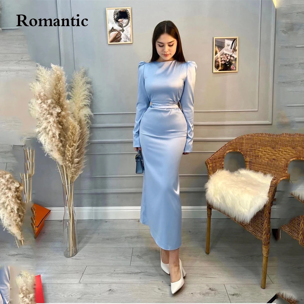 

Romantic Baby Blue Satin Modest Evening Dress High Neck Full Sleeves Ankle Length Long Prom Dress For Women Vestido de festa