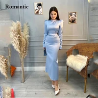 romantic baby blue satin modest evening dress high neck full sleeves ankle length long prom dress for women vestido de festa
