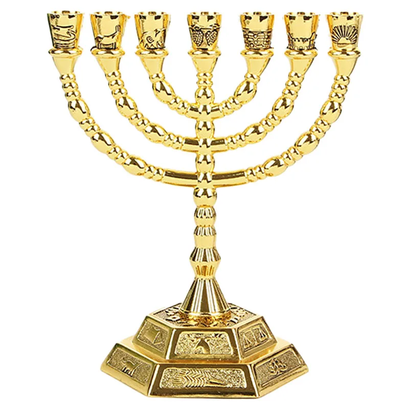 

Golden Jewish Candle-Holders Religions Candelabra Hanukkah Candlesticks 7 Branch -S