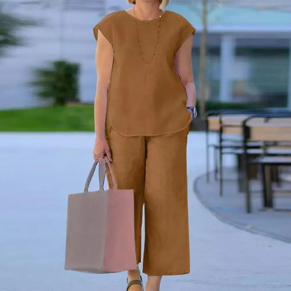 

2 Pcs/Set Women Tracksuit Sleeveless Lady T-shirt Pants Set Simple Wide Leg Women Top Pants Set