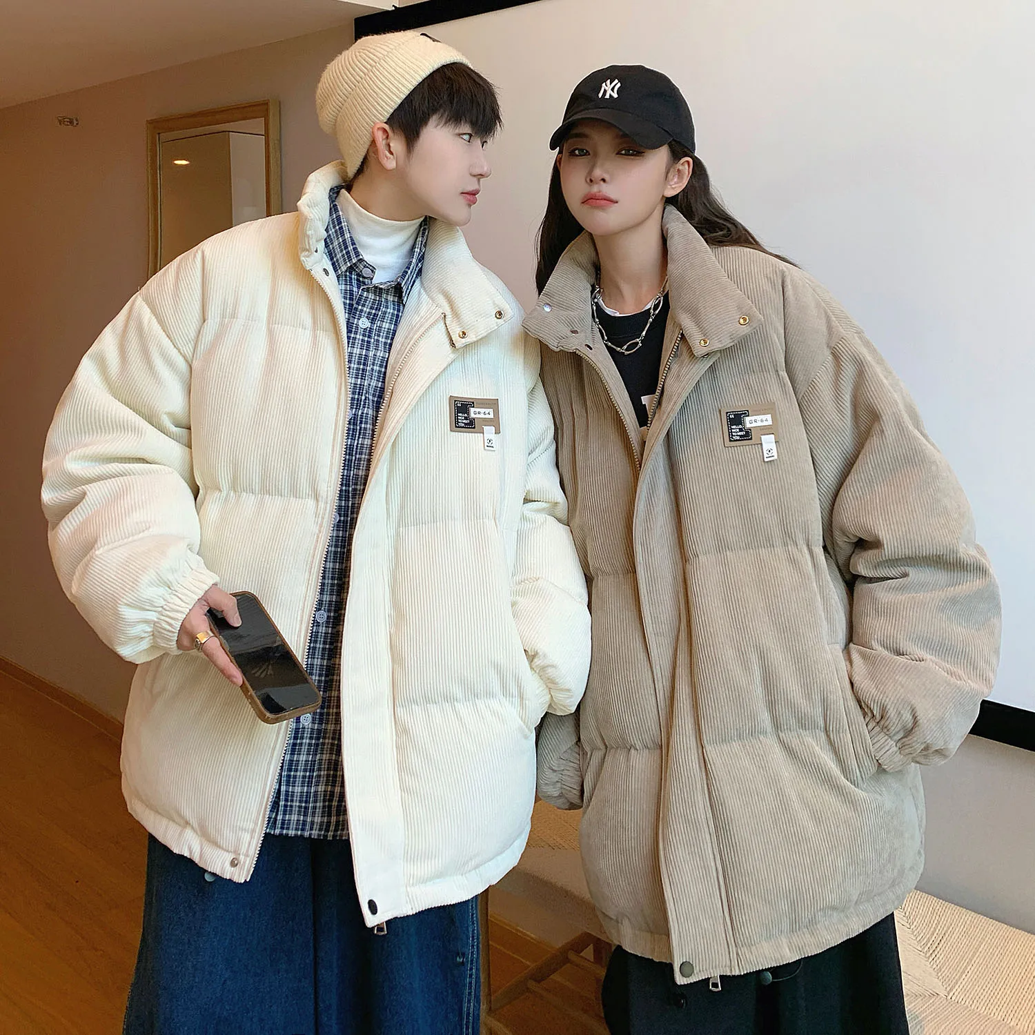 

Winter 2022 New Vertical Stripe Corduroy Loose Cotton Jacket Y2k Original Style Male Students Stand Collar Cotton Jacket