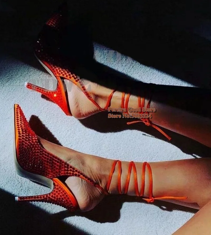 

Orange Rhinestone High Heel Pumps Shinny Crystal Slingback Shoes Shallow Pointy Toe Wedding Shoes Size 43 Customzied