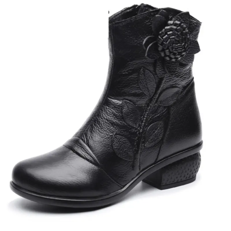 

5cm Retro Genuine Leather Appliques Flower Ethnic Chunky Heel Autunm Winter Big Size Ankle Boots Plush Women Comfy Shoes