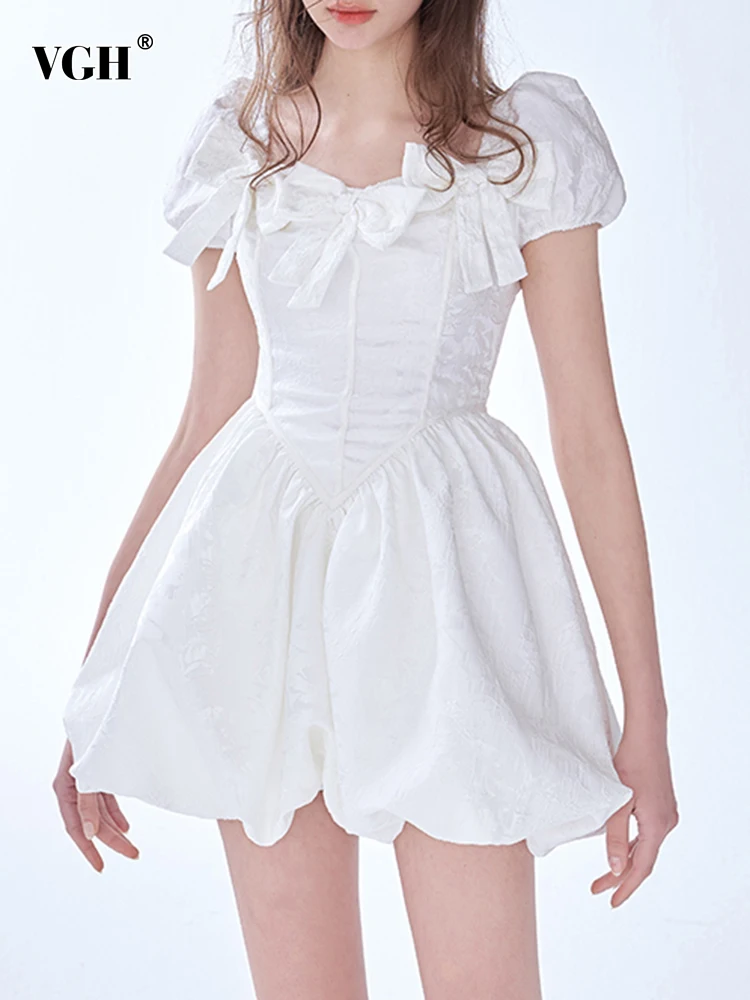 

VGH White Summer Dress For Women Square Collar Puff Sleeve High Waist Patchwork Bowknot Mini Dresses Female Fashion Clothing New