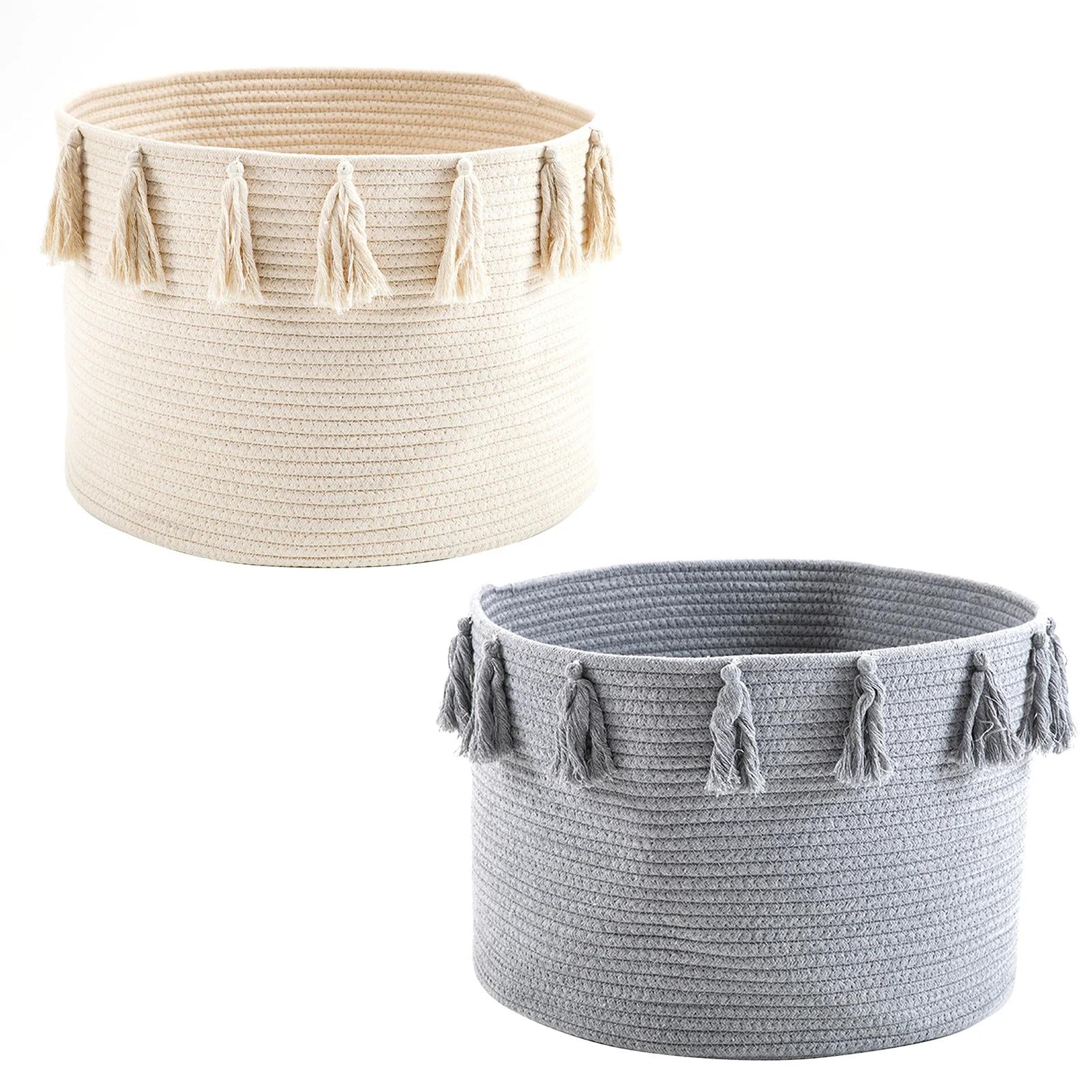 

Round Storage Baskets For Organizing Cotton Large Foldable Woven Rope Laundry Hamper With Tassel Nursery Hamper For Toys Clothes
