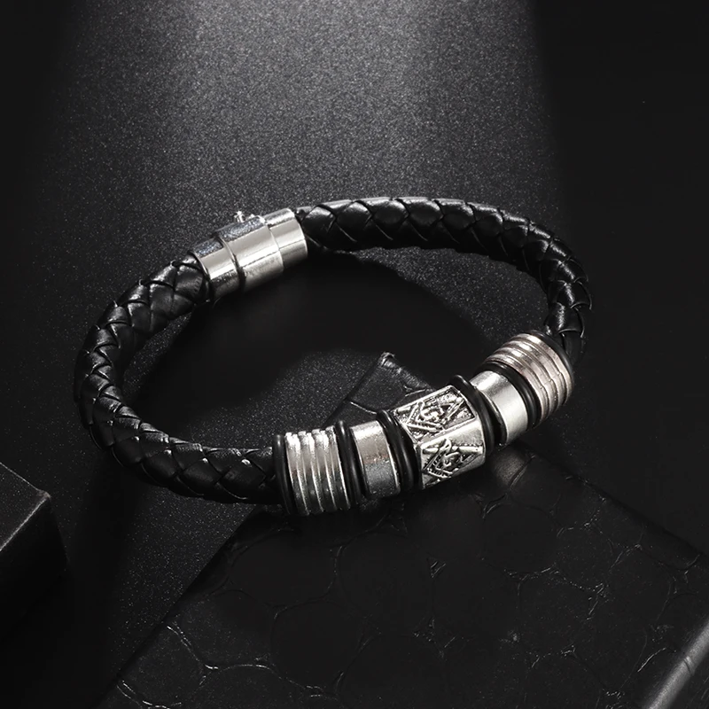 

Men's Fashion Punk Black Leather Woven Masonic Bracelet Casual Banquet Party Jewelry