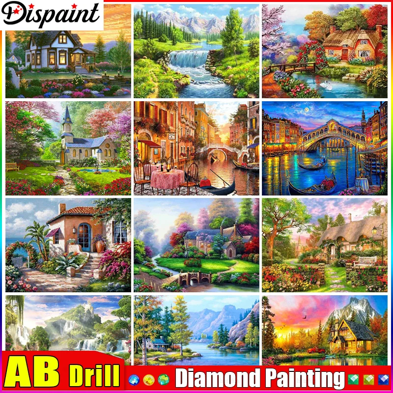 ond AB 5D Diamond &quotRiver Sunset Tree House&quotDiamond Embroidery Full Round/ Square Diy Painting Cross Stitch Home Deco