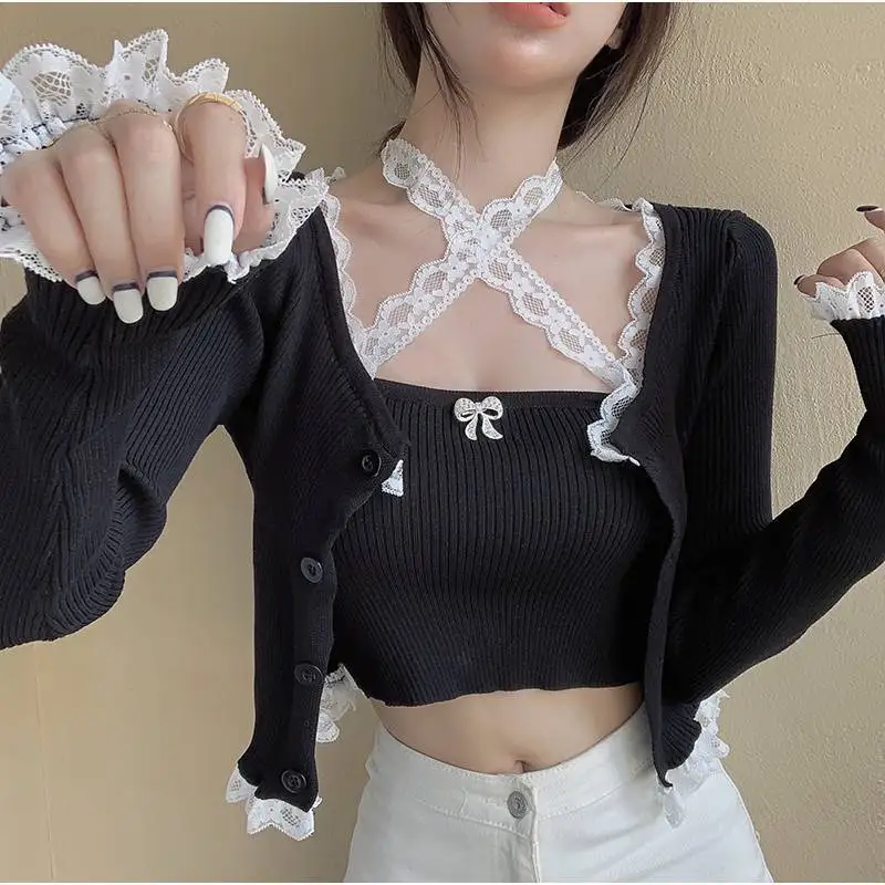 

Autumn Japan Sexy Knitted Sweater Cardigan Vest Set Y2K Lace Knit Cardigan Women's Black Japaneselace Long Sleeve Jacket