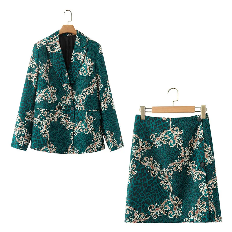 

Women Spring Autumn Dark Green Double Breasted Streetwear Print Blazer + Short Skirt Two-piece Suit Women's Femme Mujer Suits