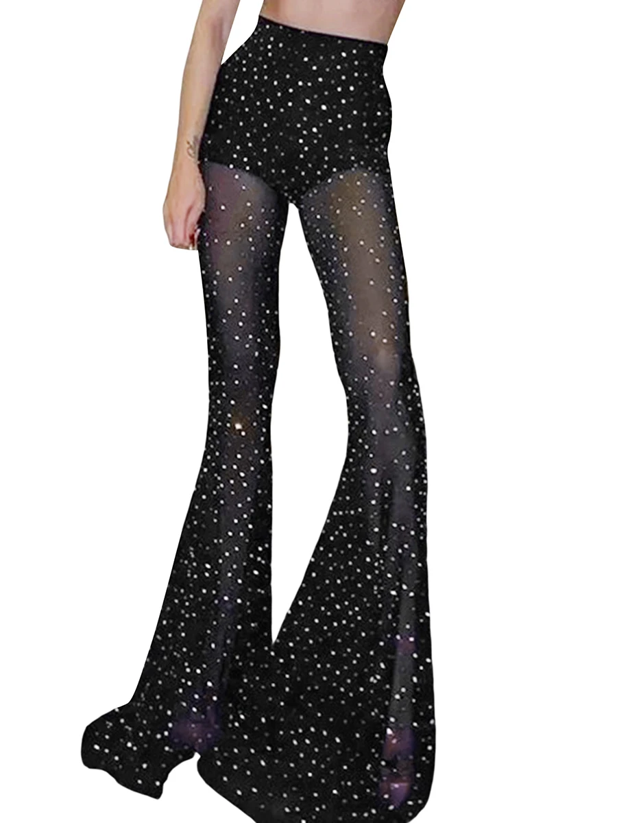 Glittering Sequin Flare Pants for Women - High Waist Wide Leg Bell-bottom Trousers with Slim Fit for Party Clubwear