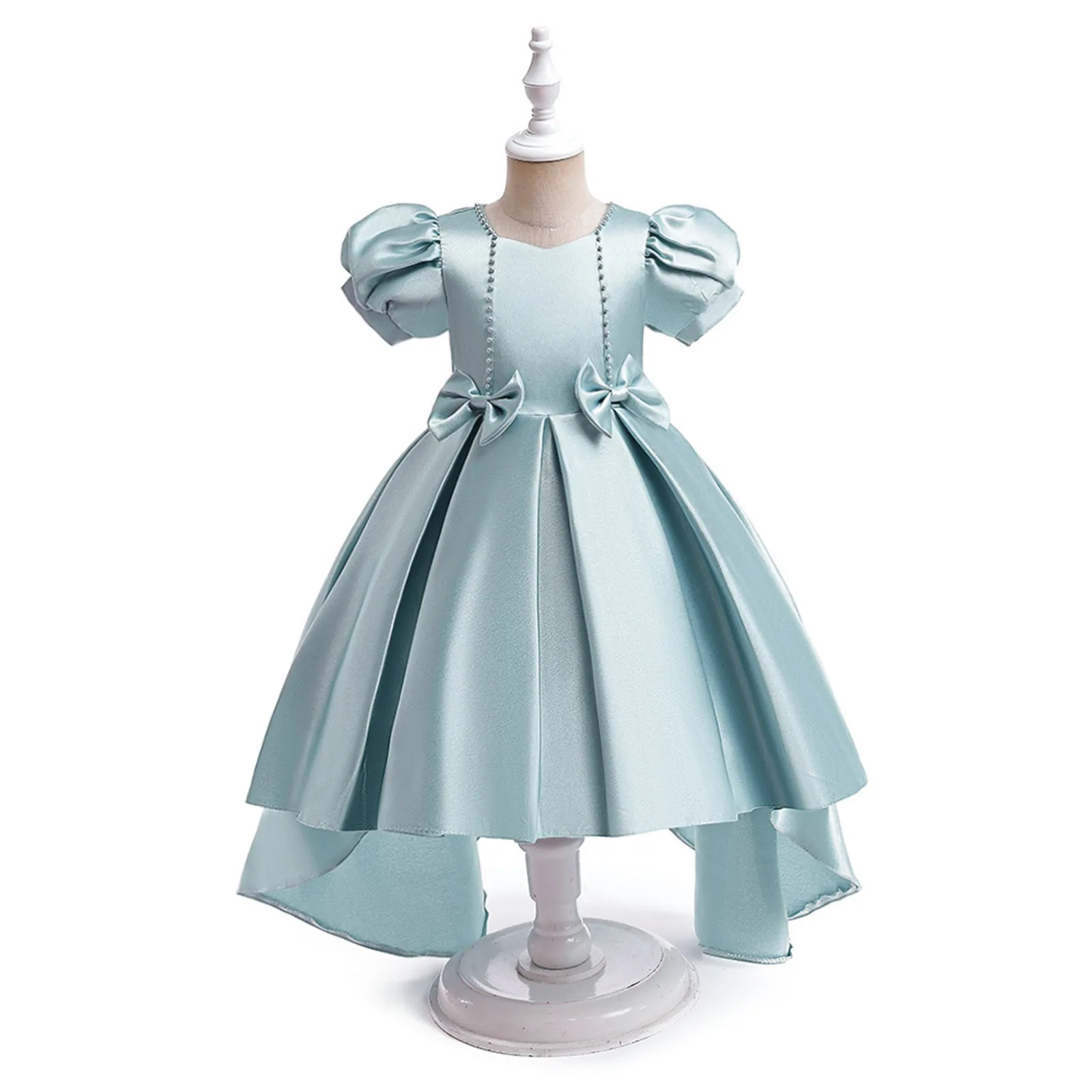 Платье для девочек со юбкой шлейфом атласное платье с объемными рукавами