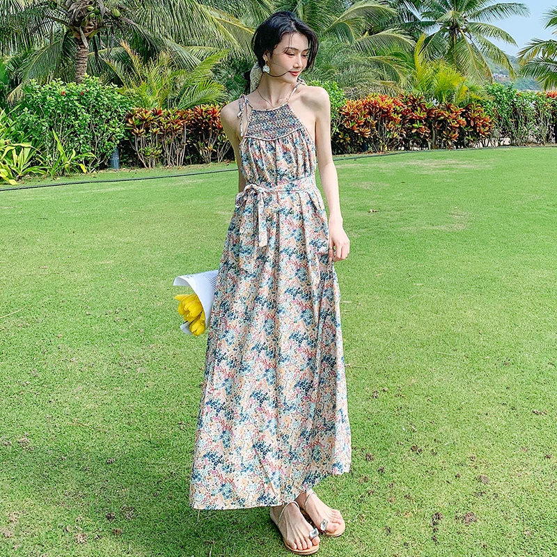 

Chiffon High Waist Beach Style Women's Long Dress Summer Backless Printing Sleeveless New 2022 French Female Clothing