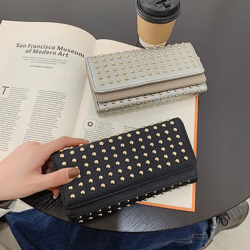 

Designer Women Purse Wallet Rivet Organizer Wallets 3 Fold Phone Card Money Holders Ladies Handbag Solid Long Purses with Rivets