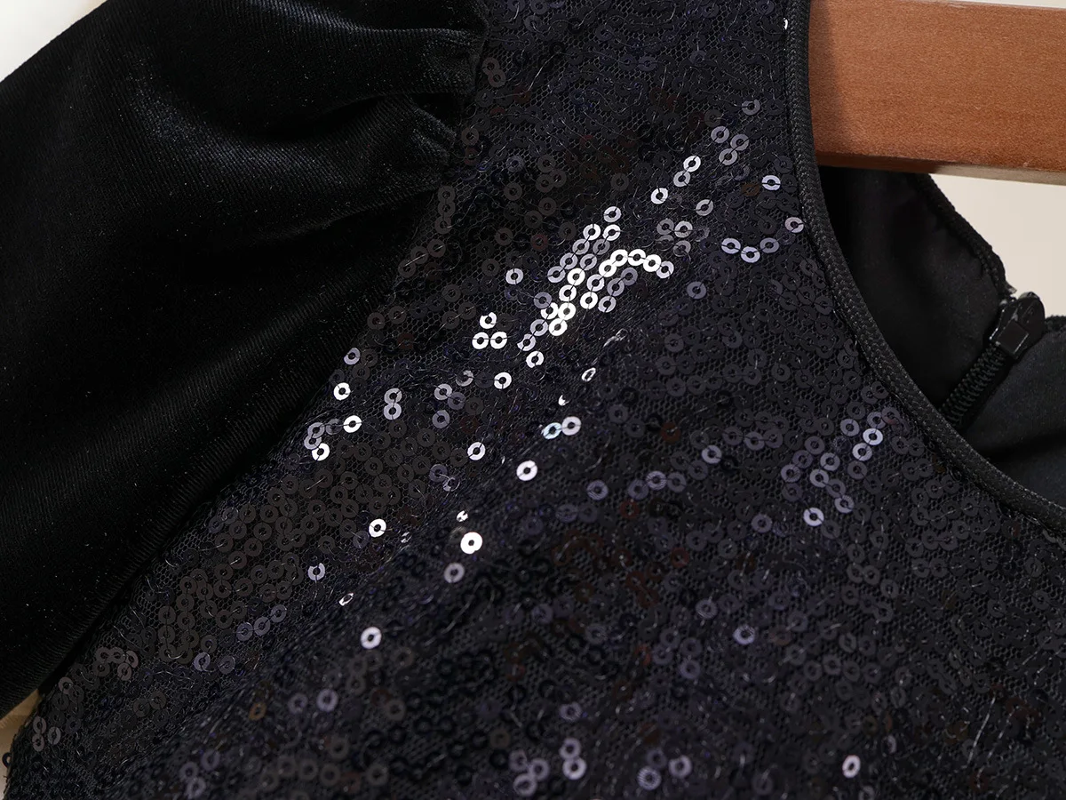 2024 зимнее новое платье для девочек с длинными рукавами и блестками лоскутное