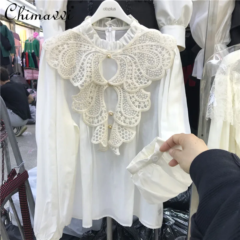 

French Style Elegant Ruffles Stand Collar Chiffon Shirt Women's 2022 Spring 3D Bow Lace Loose Top Fashion Simple Solid Blouses