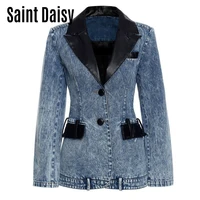 saintdaisy office lady denim blazer women tie dye patchwork button formal clothing single breasted blue fashion spring tops 1415