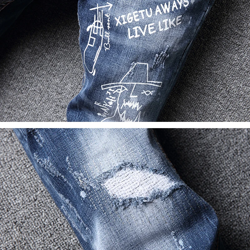 Fashion Designer Men Jeans Retro Blue Elastic Slim Fit Printed Ripped Jeans Men Vintage Trousers Hip Hop Denim Pants Hombre