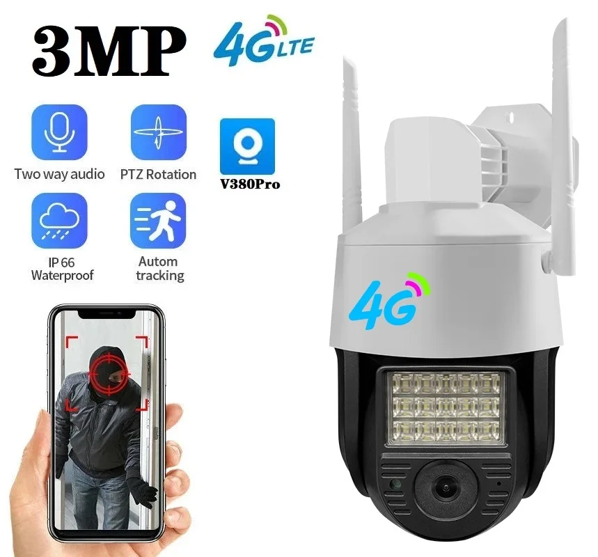 

Камера видеонаблюдения V380, 3 Мп, 4G, светильник датчиком движения