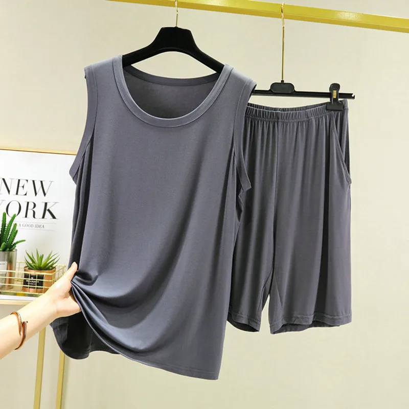 Summer Pajamas Set Casual PJS For Men Black/Grey Elastic Shirt Shorts Men's Modal O Neck Fashion Clothes Man NEW Homewear