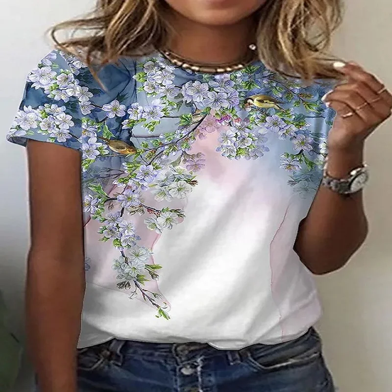 

New Plum Blossom Crew Shirt Neck Top Summer Women's Shirt Flowers Short Sleeve Casual Daily Women's Clothing