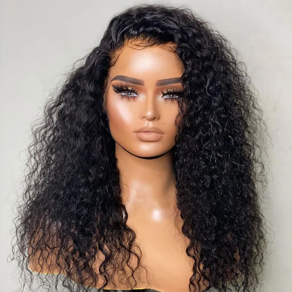 

Middle Part Soft Glueless Preplucked 180 Density Kinky Curly 26 Inch Long Natural Black Lace Front Wig For Women Babyhair Daily
