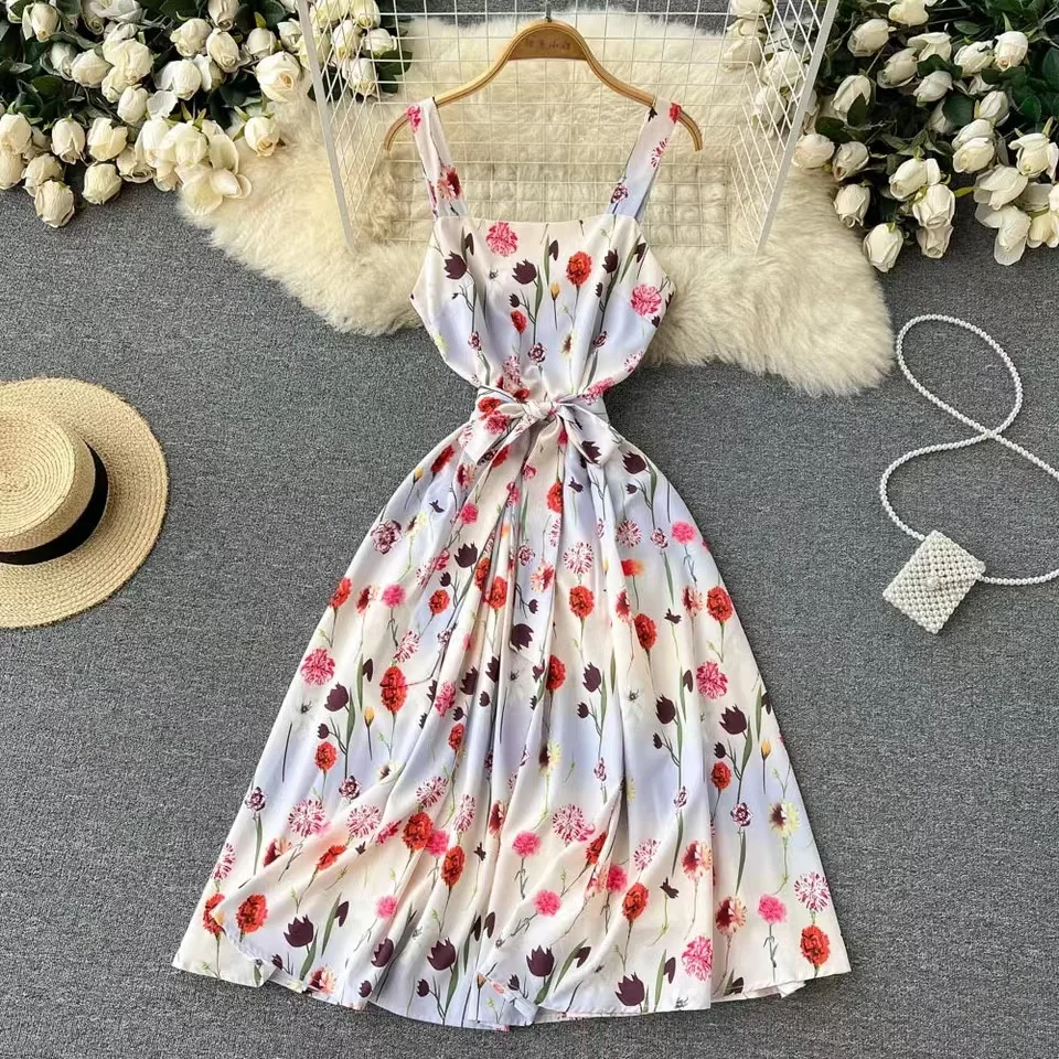 

Женское платье с цветочным принтом, элегантное праздничное платье миди на бретелях-спагетти с поясом и открытой спиной, лето 2022
