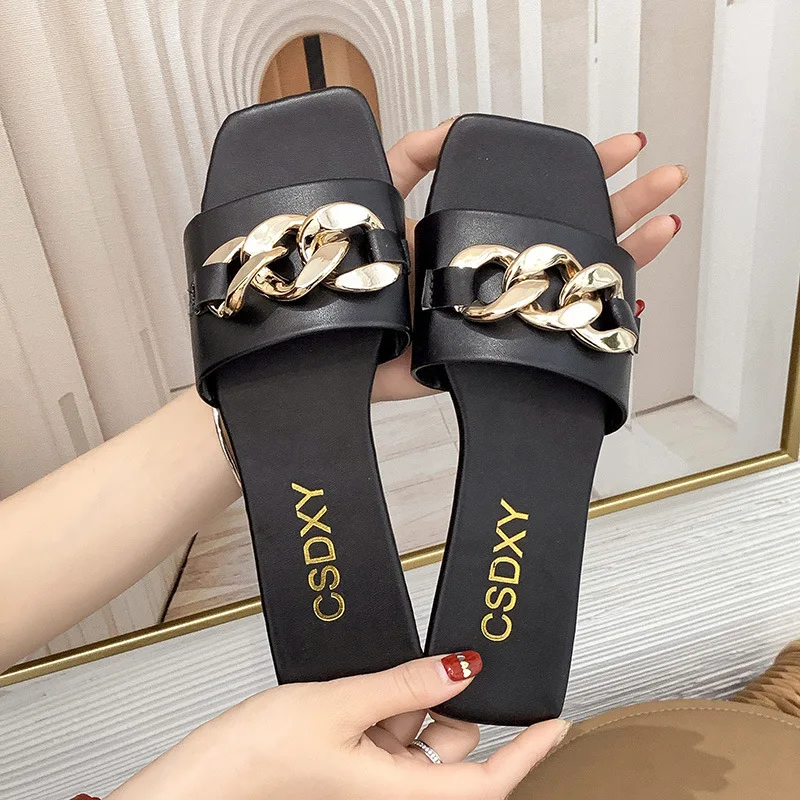 2023 New Women Summer Slipper Square Toe Chain Flat Slide Sandals Beach Cute Temperament Flip Flops Ladies Big Size Woman Shoes