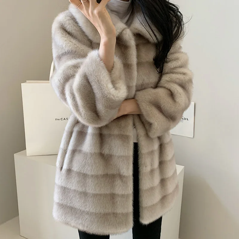 Long Jacket Women Winter belt Femme Veste Faux Fur Coat Gradient Mink Turn-down Collar Stripe Clothes Warm Soft Furry Overcoat