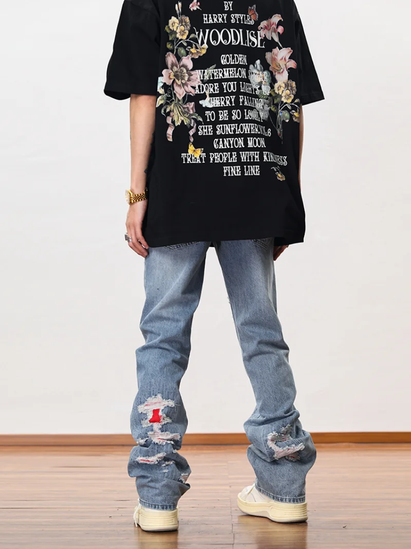 Men Distressed Ripped Destroied Denim Jean Pants New Fashion Patchwork Biker Jeans Streetwear Flare Pants Jogger Y2k Men’s Jeans