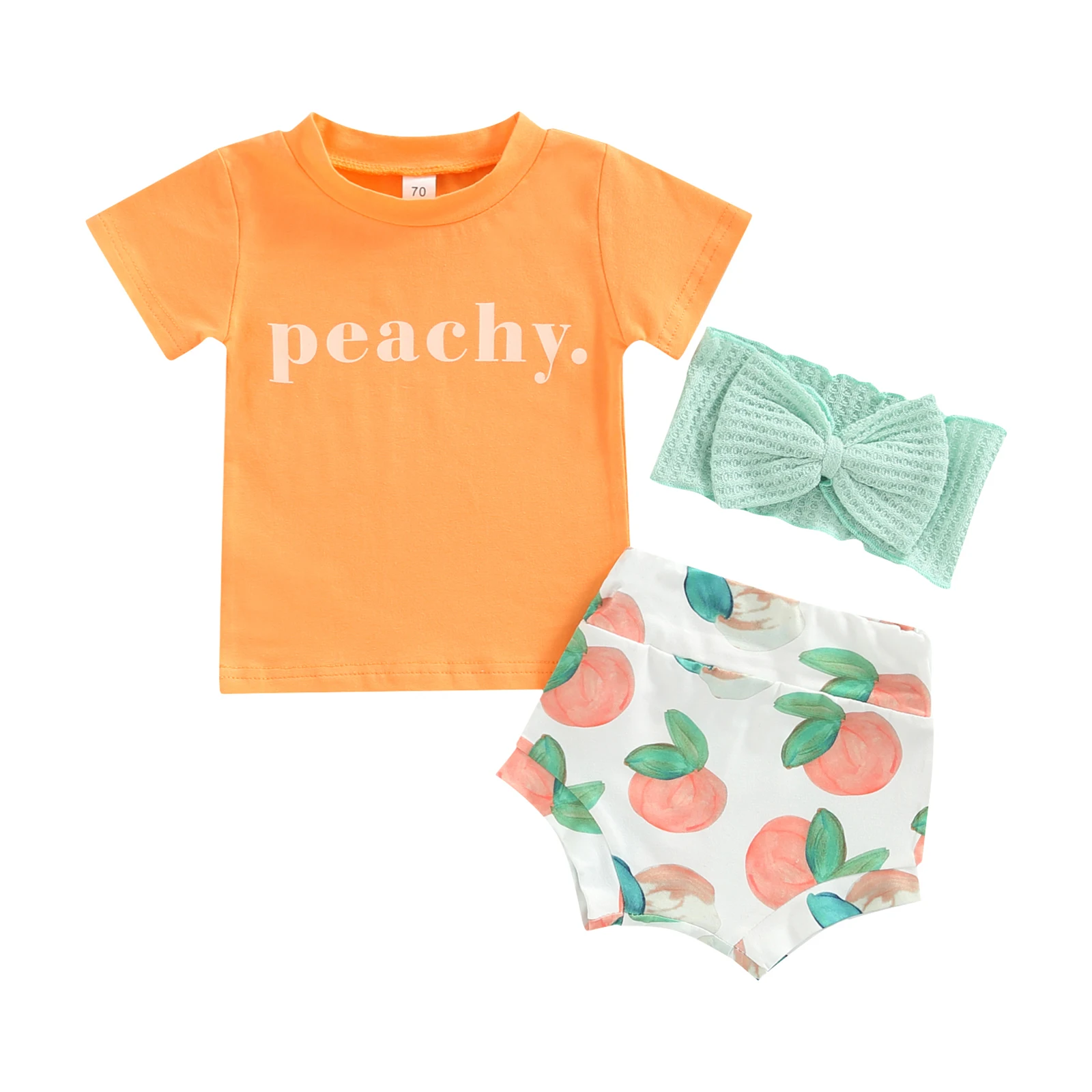 2022-05-05 Lioraitiin 0-24M Baby Girl’s Tops and Shorts Set Fashion Letter Short Sleeve T-shirt and Peach Short Pants Headband