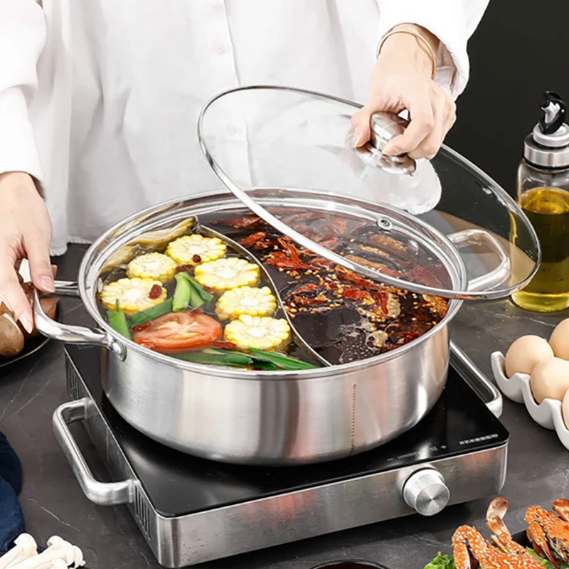 Hot Pot with Lid 304 Stainless Steel Thicken Cooking Pots for Kitchen Induction Cooker with Glass Cover Chinese Fondue Cookware