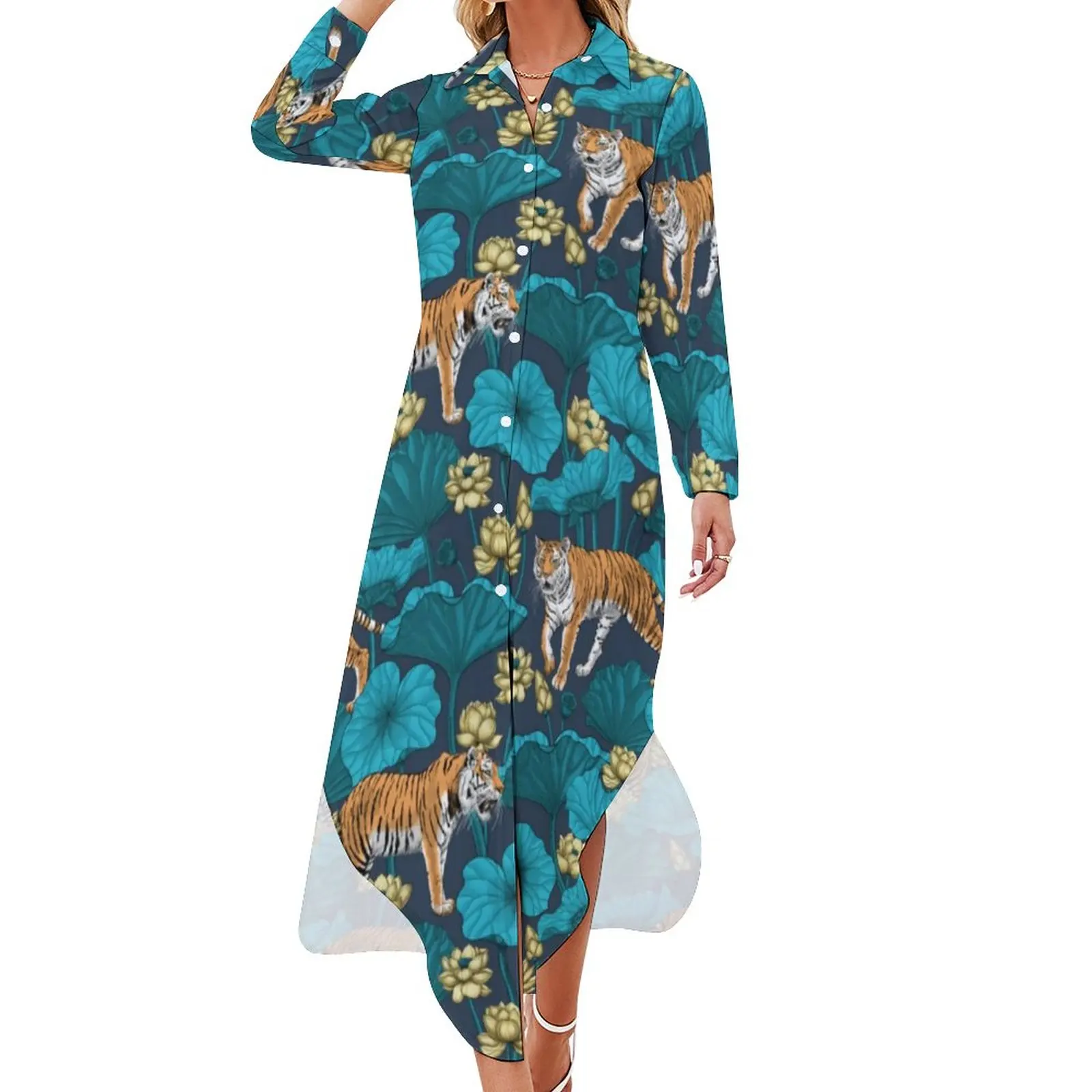

Wild Tiger Casual Dress Yellow Pond Street Wear Dresses Long Sleeve Pretty Female V Neck Printed Oversize Chiffon Dress