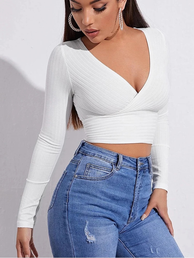 

White Long Sleeve Top Tees Sexy Deep V Neck Slim Short T Shirt Women Clothing Casual Basic T-shirts Female Fashion Vintage Tops