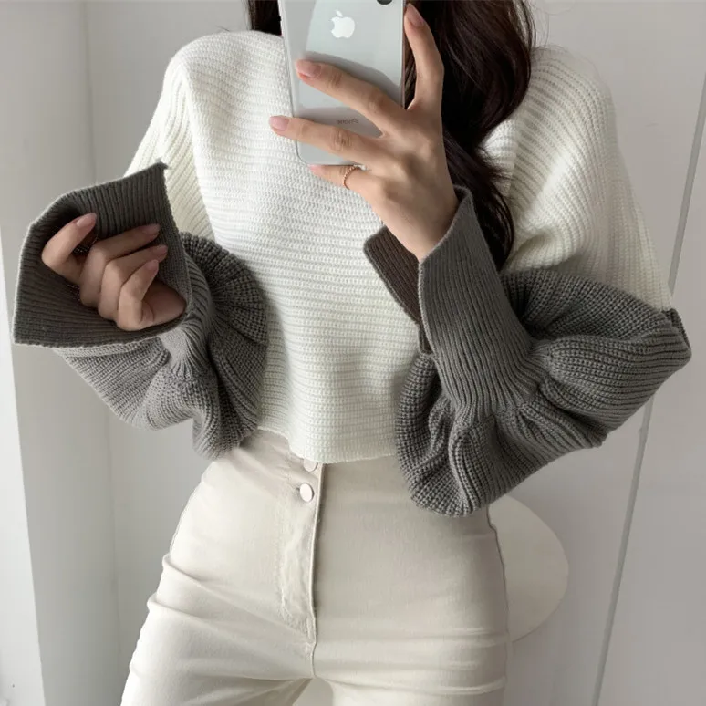 

Women Winter Loose Warm Patchwork Short Sweaters New Casual O-neck Knitted Female Tops Autumn Lantern Sleeve Fashion Jumpers