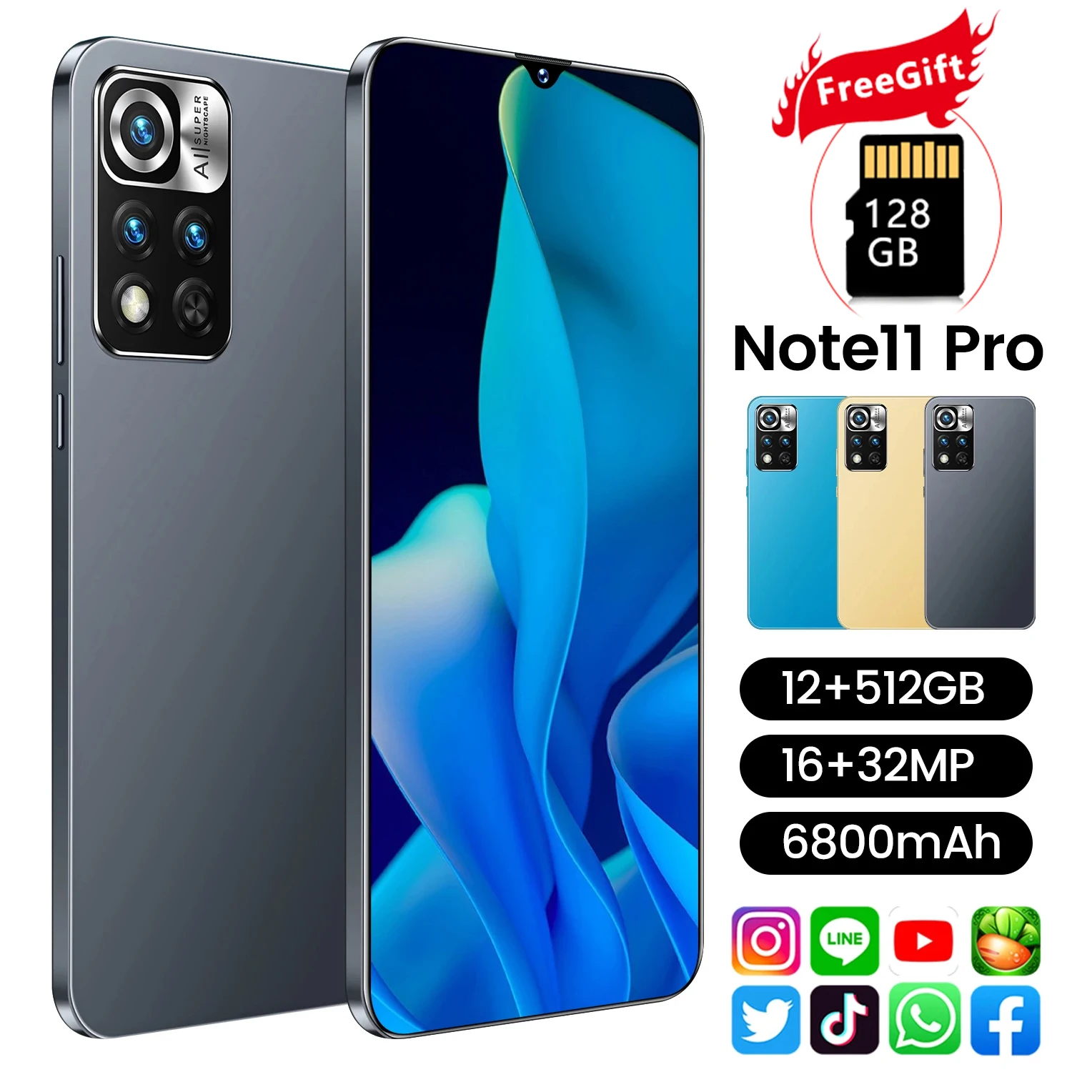 

Global Version Note11 Pro 5G Smartphone MTK6889 32MP Cellphone 16GB+512GB 6800mAh Unlocked Android 10.0 GPS 6.7Inch Mobile Phone