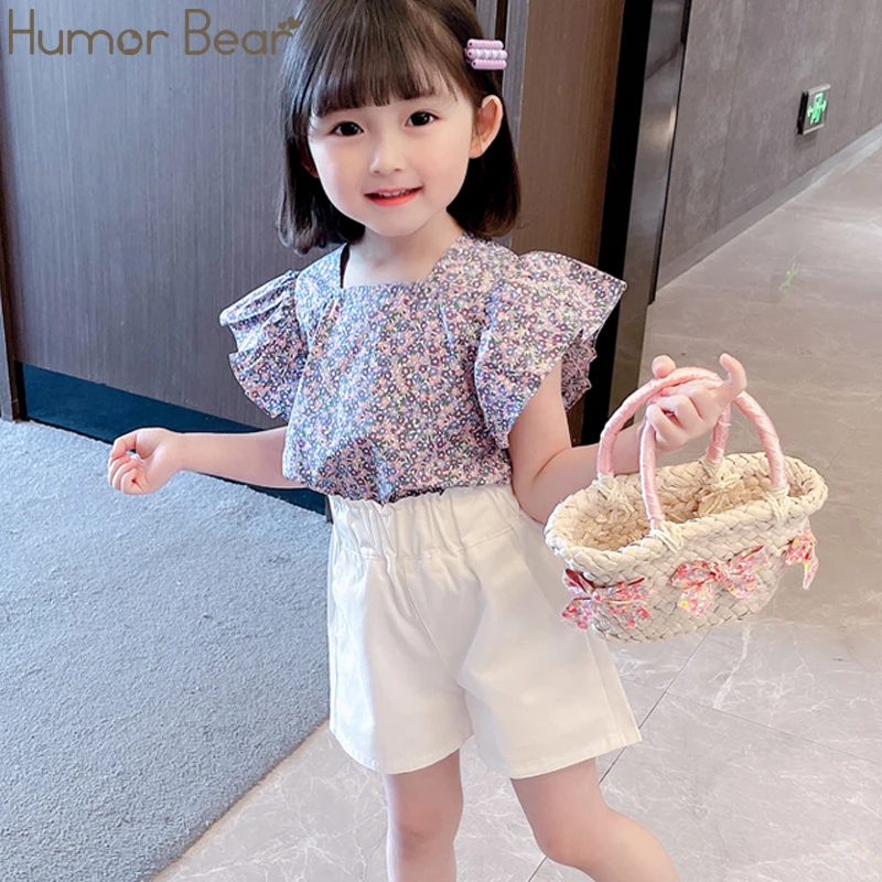 

Humor Bear Girl Clothes Sets 2022 Summer Fly-Sleeve Top +Solid Shorts 2PCS Toddler Casual Clothes For 3-7Y