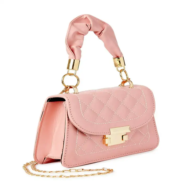 Color Stunning Women's Rouched Top Handle Mini Quilted Faux Leather Crossbody with Removable Chain Strap, Blush Color
