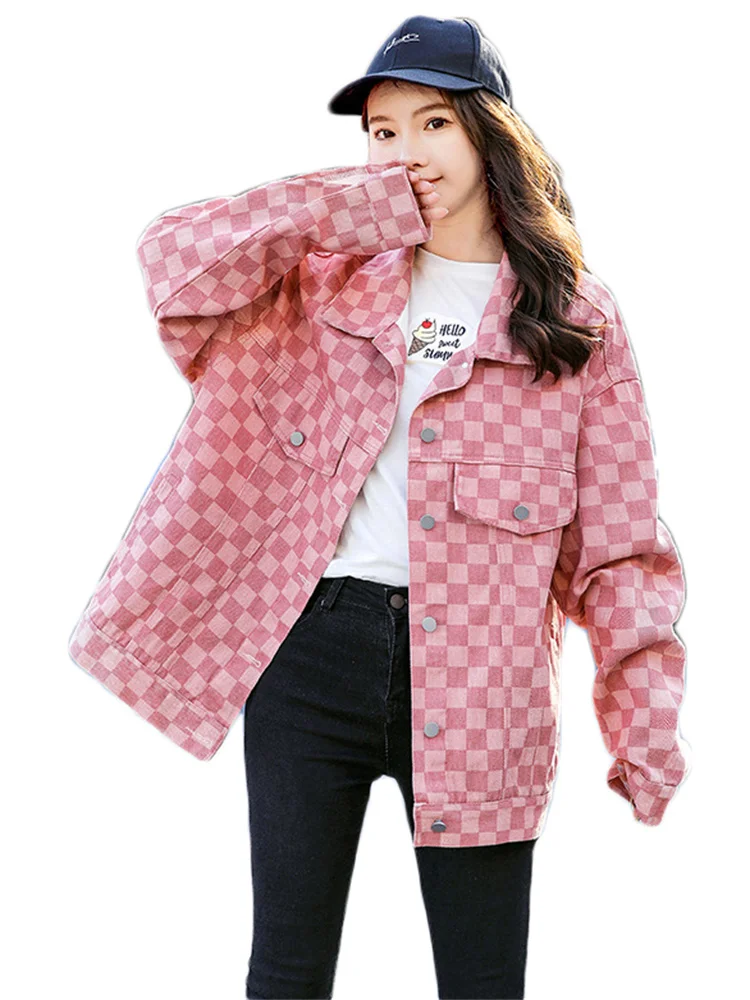 

Candy Color Jacket Women 2022 Spring Korean Loose Denim Coats Female Checkerboard Plaid Casual Long Sleeve Pink Tops Clothing