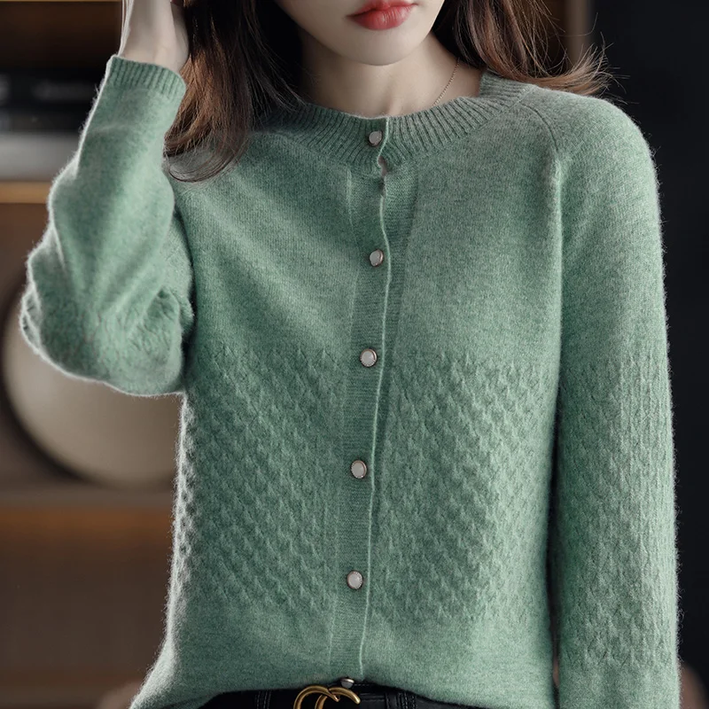Женский кардиган из 100% шерсти с круглым вырезом новое вязаное ажурное пальто