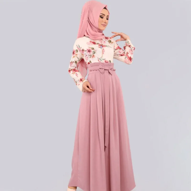 

Middle East Dubai Muslim Robe Jilbab Abaya Malaysia Long Sleeve Dress High Waist Print Women's Clothing Abayas